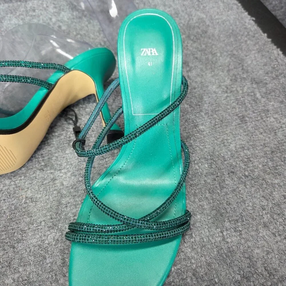 ZARA‎ Green Ankle Rhinestone Open Toe Stiletto Heels Sandals Satin EUR 41 US 10